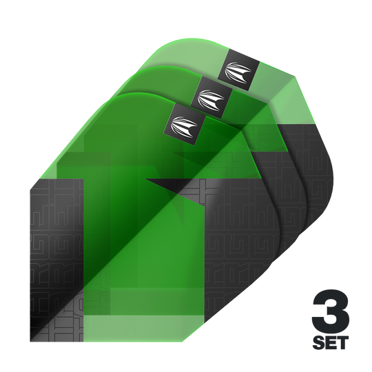 Ailettes standard Target Pro Ultra TAG vertes Ten-X - 3 jeux Auf dem Bild sind drei grüne und schwarze Dart-Flights mit einem modernen Muster zu sehen. Unten rechts steht "3 SET", was auf drei Sets hinweist.