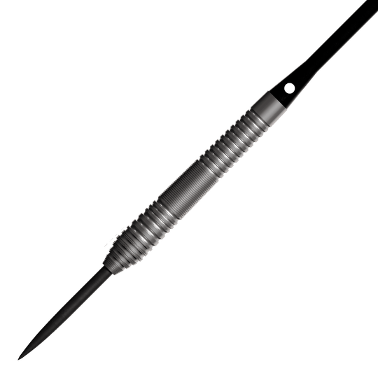 Bulls NL Dirk Van Duijvenbode 80 fléchettes en acier Auf dem Bild ist ein Steeldart mit einem silbernen, geriffelten Griff und einer schwarzen Spitze zu sehen. Es handelt sich um das Produkt "Bulls NL Dirk Van Duijvenbode 80 Steeldarts".