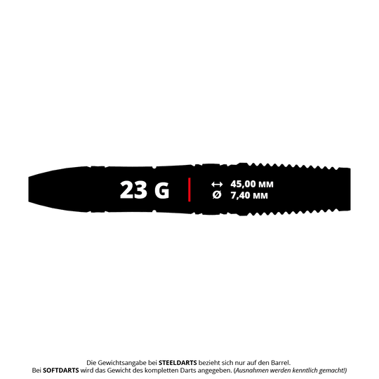 Target Japan Haruki Muramatsu Rising Sun GEN9 Steeldarts - 23 g Das Bild zeigt einen Steeldart mit einem Gewicht von 23 Gramm. Die Länge beträgt 45,00 mm und der Durchmesser 7,40 mm.