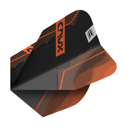 Ailettes Target Pro Ultra Crux n° 6 - 3 jeux - 3 jeux Das Bild zeigt einen schwarzen Dartflight mit orangefarbenen Akzenten und dem Schriftzug "CRUX". Das Produkt heißt "Target Pro Ultra Crux No6 Flights - 3 Sets".