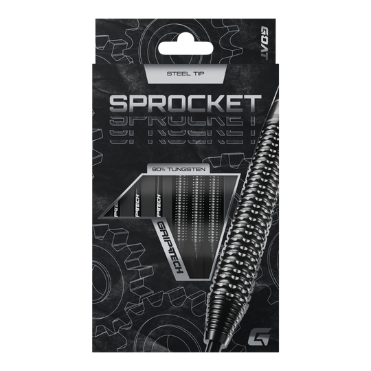 Fléchettes GOAT Sprocket en acier tungstène Die Abbildung zeigt die Verpackung der GOAT Sprocket Tungsten Steeldarts. Auf der Packung sind die Eigenschaften wie "Steel Tip" und "90% Tungsten" deutlich hervorgehoben.