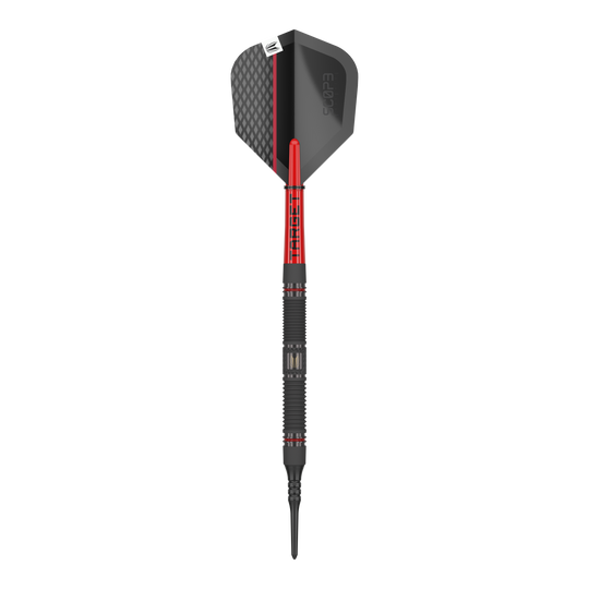 Target Scope 10 fléchettes souples Das Bild zeigt einen Target Scope 10 Softdart. Der Dartpfeil hat ein schwarzes und rotes Design mit einer strukturierten Spitze und einer schwarzen Flight.