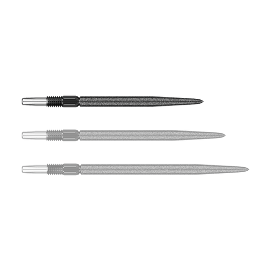 Pointes de fléchettes Target Swiss Point SLK - Noires Auf dem Bild sind drei schwarze Dartspitzen mit silberfarbenem Gewinde zu sehen. Sie liegen nebeneinander auf weißem Hintergrund.