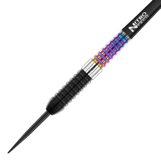 Fléchettes en acier Red Dragon Peter Wright Corra Das Bild zeigt einen Red Dragon Peter Wright Corra Steeldart. Der Dartpfeil hat einen auffälligen, bunten Griffbereich und eine schwarze Spitze.