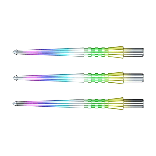 X0576_Red_Dragon_Raptor_GT_Rainbow_Point_Steeldartspitzen_1 Das Bild zeigt drei bunte Dartspitzen des Produkts „RedDragon Raptor GT Rainbow Points Spitzen“. Sie haben einen metallischen Glanz und leuchten in verschiedenen Regenbogenfarben.
