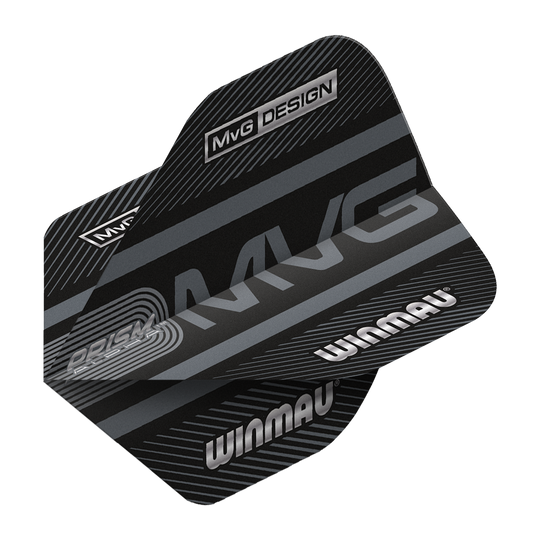 Das Bild zeigt die Winmau Prism Alpha MvG Standard Flights für Dartpfeile. Die Flights sind schwarz mit silbernen Schriftzügen und modernen Designelementen versehen.