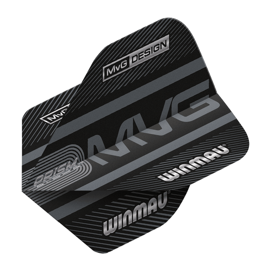 6915-187_Winmau_Prism_Alpha_MvG_Standard_Flights_2 Das Bild zeigt die Winmau Prism Alpha MvG Standard Flights für Dartpfeile. Die Flights sind schwarz mit silbernen Schriftzügen und modernen Designelementen versehen.