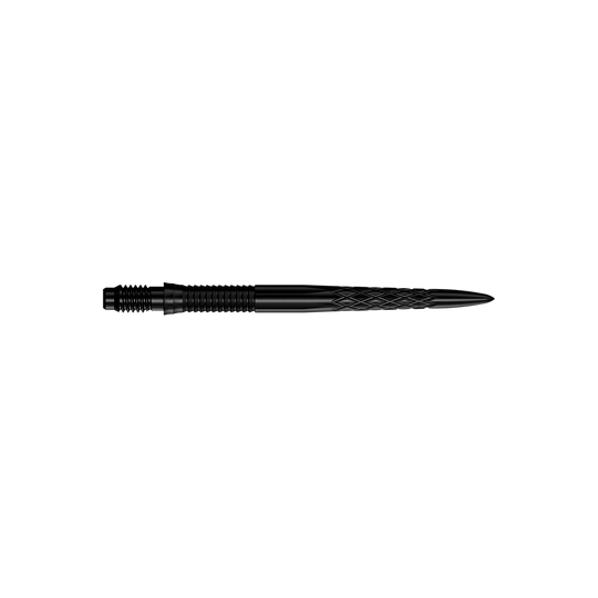 Pointes de fléchettes Mission R2.5 Rapid Point DSX - Noires Abgebildet sind schwarze Dartspitzen mit einer Länge von 30 mm. Die Spitzen liegen parallel zueinander.