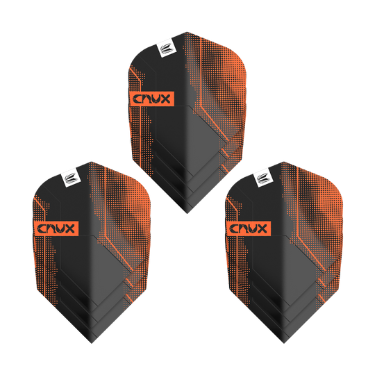 Ailettes Target Pro Ultra Crux n° 6 - 3 jeux - 3 jeux Das Bild zeigt drei Sets von Target Pro Ultra Crux No6 Flights. Die Flights sind schwarz mit orangefarbenen Akzenten und dem Schriftzug "Crux".