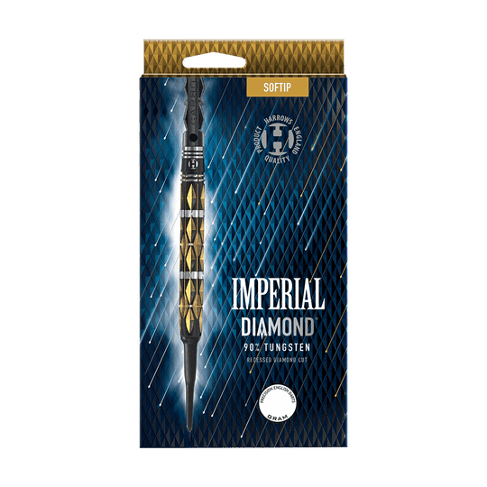 HA33454_Harrows_Imperial_Diamond_Softdarts_3 Die Abbildung zeigt die Verpackung der "Harrows Imperial Diamond Softdarts". Die Verpackung ist blau-gold mit einem Bild eines Softdarts und den Produktinformationen auf der Vorderseite.