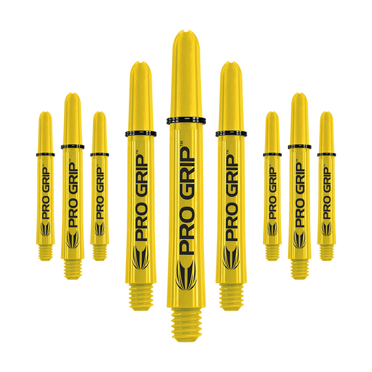 Tiges Target Pro Grip - 3 jeux - Jaune Das Bild zeigt mehrere gelbe Dartschäfte mit der Aufschrift "PRO GRIP". Die Schäfte sind in einer Reihe angeordnet und haben ein einheitliches Design.