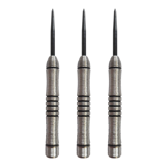 Corps de fléchettes en acier McDart Black Ring - 24 g Zu sehen ist ein Set der McDart Black Ring Steeldart-Barrels mit 24g. Das Set besteht aus mehreren gleichartigen Dart-Barrels.