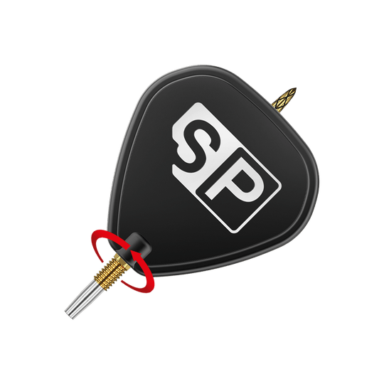 Pointes de fléchettes Target Swiss DS Surge Point - Or Das Bild zeigt eine schwarze Dartspitze mit der Aufschrift "SP" auf dem Flight. Ein roter Pfeil zeigt eine Drehbewegung an der goldenen Verschraubung der Spitze.