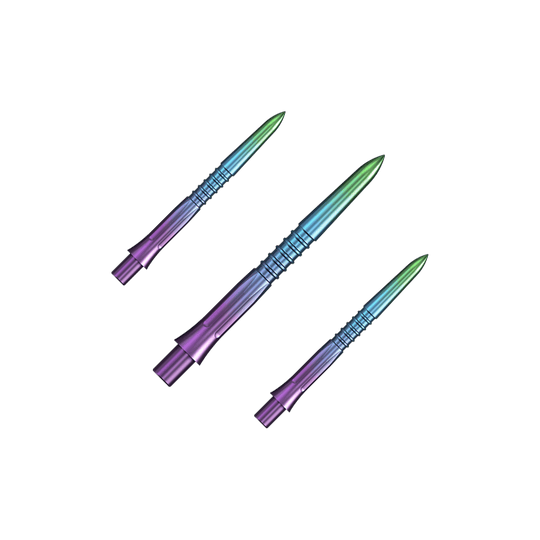 Embouts de fléchettes Mission Caliburn EVO GV1 - Arc-en-ciel Das Bild zeigt Steeldartspitzen in Regenbogenfarben mit einer Länge von 26 mm. Es handelt sich um ein Set namens Mission Caliburn EVO GV1.