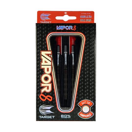 Fléchettes souples Target Vapor8 05 - 18 g Das Bild zeigt die Verpackung der "Target Vapor8 05 Softdarts - 18g". In der Packung befinden sich drei schwarze Softdarts mit roten Flights.