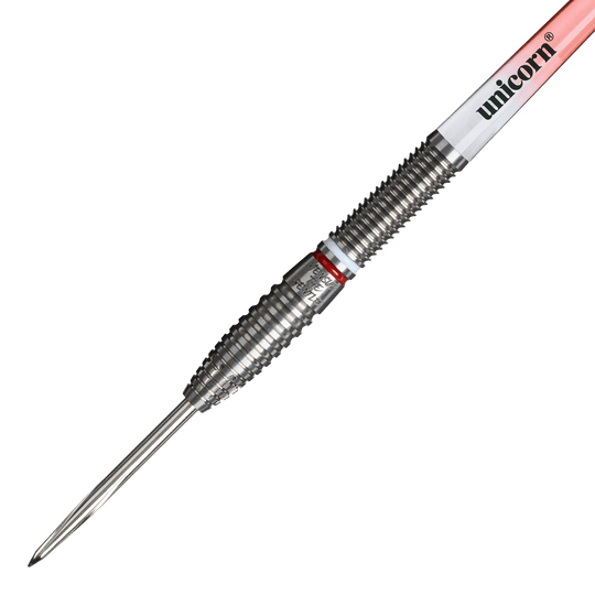 Fléchettes en acier Suljovic The Gentle à l'échelle de la licorne - 23 g Unicorn Mensur Suljovic The Gentle Steeldarts - 23g ist auf diesem Bild zu sehen. Es handelt sich um professionelle Steeldarts mit einem Gewicht von 23 Gramm.