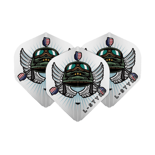 Das Bild zeigt drei weiße L-Style Leonard Gates V3 L1EZ Flights. Auf den Flights befindet sich ein farbenfrohes Design mit Fliegerhelm, Flügeln und amerikanischen Flaggen.