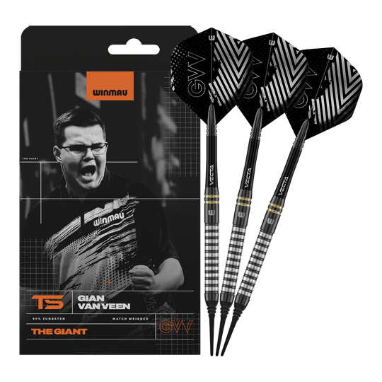 Winmau Gian Van Veen TS Softdarts mit 18g werden komplett dargestellt. Alle drei Darts sind zusammen zu sehen.
