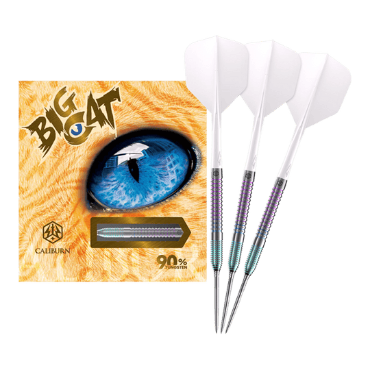 Fléchettes en acier Caliburn Big Cats Ocelot Caliburn Big Cats Ozelot Steeldarts mit einem Gewicht von 23g. Das Bild zeigt die gesamte Länge des Dartpfeils.