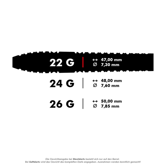 Fléchettes en acier Target Bolide Void 03 Swiss Point Das Bild zeigt die technischen Daten von Steeldarts in den Gewichten 22g, 24g und 26g, jeweils mit Länge und Durchmesser in Millimeter. Am unteren Rand steht ein Hinweis, dass sich die Gewichtsangabe bei Steeldarts nur auf den Barrel bezieht.
