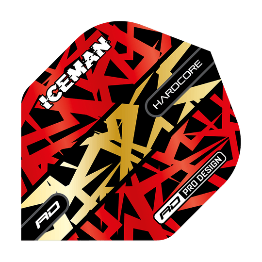 TF6871_Red_Dragon_Hardcore_Gerwyn_Price_Red_Gold_Premium_Standard_Flights_1 Das Bild zeigt ein Dartflight mit dem Namen "Red Dragon Hardcore Gerwyn Price Red Gold Premium Standard Flights". Das Design ist in Rot, Gold und Schwarz gehalten und enthält die Wörter "ICEMAN", "HARDCORE" und "PRO DESIGN".