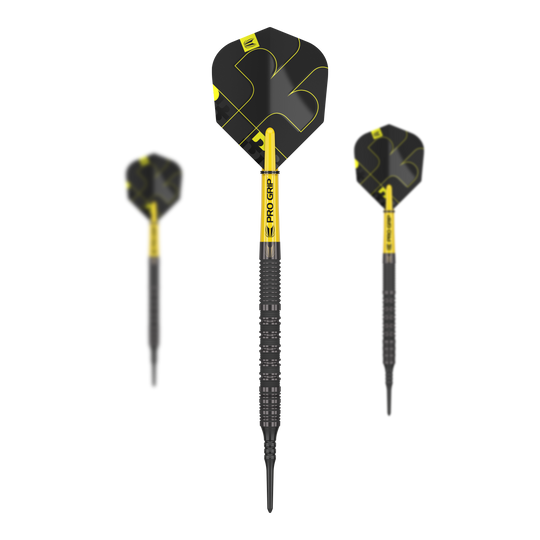 Target Bolide Void 10 fléchettes souples Das Bild zeigt drei Softdarts des Produkts "Target Bolide Void 10". Die Darts sind schwarz-gelb gestaltet und haben den Schriftzug "PRO GRIP" auf dem Schaft.