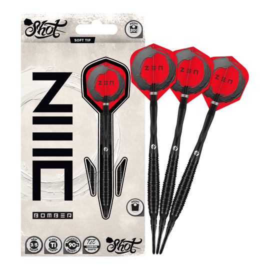 Fléchettes souples Shot ZEN Bomber - 20 g Zu sehen sind die Shot ZEN Bomber Softdarts - 20g. Sie zeichnen sich durch ihre spezielle Form und das ansprechende Aussehen aus.