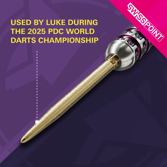 Pointes de fléchettes Target Swiss Point SLK - or Auf dem Bild ist die goldene Target Swiss Point SLK Dartspitze zu sehen. Im Text wird hervorgehoben, dass sie von Luke während der PDC Darts-Weltmeisterschaft 2025 benutzt wurde.