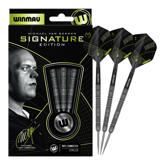 Winmau Michael Van Gerwen Édition Signature Steeldarts Zu sehen sind die Winmau Michael Van Gerwen Signature Edition Steeldarts. Das Produkt wurde in Zusammenarbeit mit dem Dartspieler Michael Van Gerwen entwickelt.