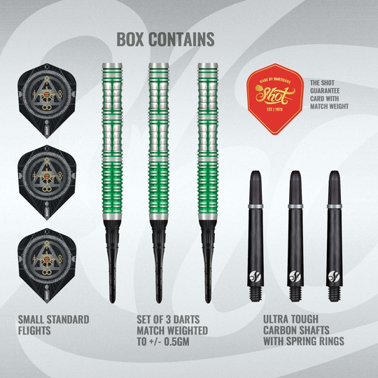 Fléchettes souples Shot Alchemy Mythril - 20 g Hier sind die Shot Alchemy Mythril Softdarts - 20g abgebildet. Die Darts sind für das Spiel an Softdart-Automaten gedacht.