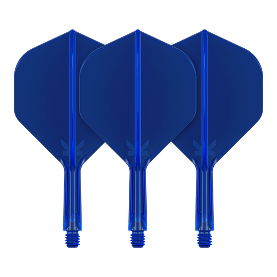 Système de vol standard Target K-Flex No2 - Bleu Auf dem Bild sind drei blaue Dart-Flights zu sehen. Sie stehen nebeneinander und haben eine standardmäßige Form.
