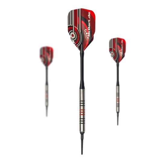 Fléchettes souples McDart 85 Tungstène V11 - 17,5 g Das Bild zeigt drei Softdarts des Modells "McDart 85er Tungsten V11" mit einem Gewicht von 17,5 g. Die Darts haben einen silbernen Barrel mit roten Ringen und rote Flights mit grafischem Muster.