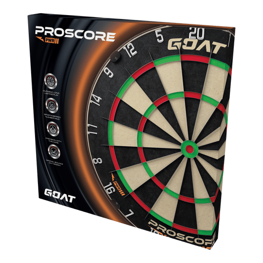 Cible de fléchettes en acier GOAT Proscore PWR Die Abbildung zeigt das Produkt „GOAT Proscore PWR Steeldartboard“ in seiner Verpackung. Auf der Box sind das Dartboard und verschiedene Produkthighlights sichtbar.