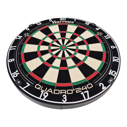 Cible de fléchettes en acier Harrows Quadro 240 Das Bild zeigt das Steeldartboard "Harrows Quadro 240". Die Dartscheibe ist rund und in verschiedene farbige Segmente unterteilt.