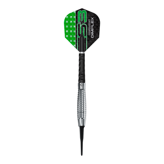 Fléchettes souples Harrows Dimplex S3 Bomb Das Bild zeigt einen Harrows Dimplex S3 Bomb Softdart. Der Dart hat eine schwarze und grüne Flight sowie einen silbernen, geriffelten Barrel.
