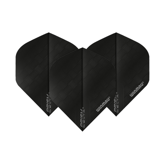 6915-201_Winmau_Prism_Delta_6915-201_Standard_Flights_1xRb3m8bLQuy6Q Das Bild zeigt drei schwarze Dart-Flights des Modells "Winmau Prism Delta 6915.201 Standard". Sie haben ein dezentes Karomuster und das Winmau-Logo ist darauf zu sehen.