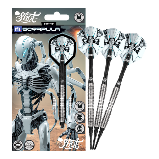Fléchettes souples Shot AI Scorpula - 20 g Hier ist der Shot AI Scorpula Softdarts - 20g in voller Länge dargestellt. Der Dart zeichnet sich durch seine hochwertige Verarbeitung aus.