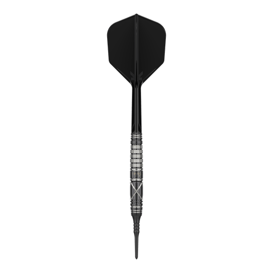 Das Bild zeigt einen Softdart namens "Target Japan Black Marque Chaos 2" mit einem Gewicht von 19 Gramm. Der Dart hat ein elegantes, schwarzes Design mit silbernen Akzenten am Griff.