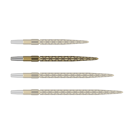 Pointes de fléchettes Target Swiss Diamond Pro Gold Das Bild zeigt vier goldfarbene Dartspitzen mit silberner Spitze, die nebeneinander liegen. Die Oberflächen der Dartspitzen haben ein rautenförmiges Muster.