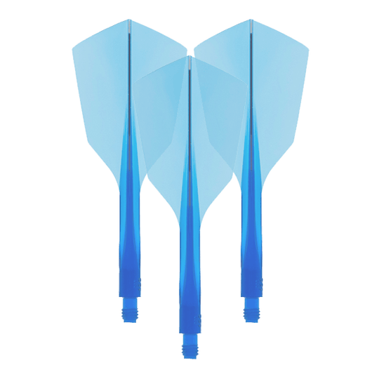 Condor Ax 120 Flight System Bleu clair - Étroit Das Bild zeigt drei blaue Dart-Flights mit integriertem Schaft. Es handelt sich um das Produkt "Condor Axe 120 Flight-System Clear Blue - Narrow".
