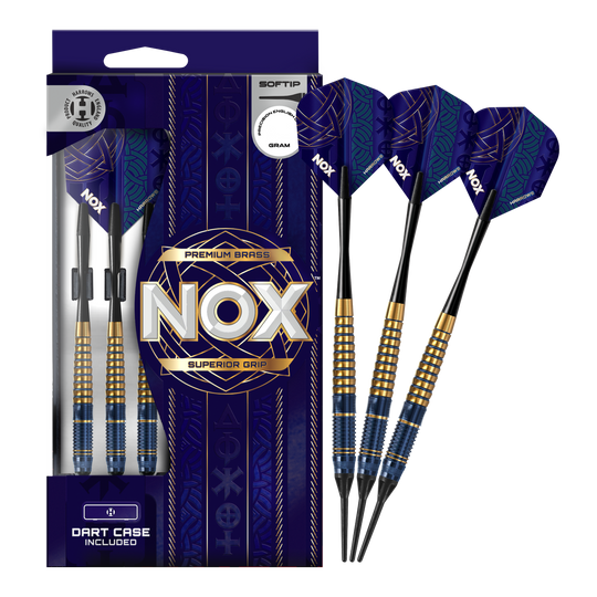 Das Bild zeigt die Harrows Nox Premium Brass Softdarts. Es handelt sich um hochwertige Dartpfeile für Softdart-Spieler.
