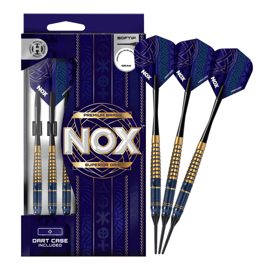 Fléchettes souples en laiton premium Harrows Nox Das Bild zeigt die Harrows Nox Premium Brass Softdarts. Es handelt sich um hochwertige Dartpfeile für Softdart-Spieler.