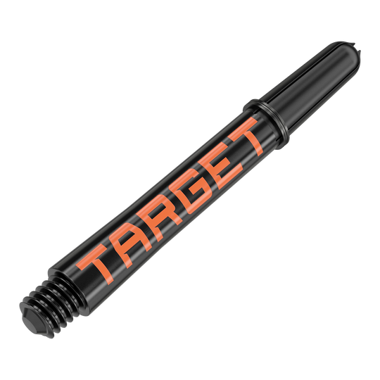 Tiges Target Pro Grip TAG - 3 jeux - Noir Orange Das Bild zeigt einen schwarzen Dartshaft mit orangefarbener Aufschrift "TARGET". Der Shaft ist aus Kunststoff und hat ein Schraubgewinde am unteren Ende.