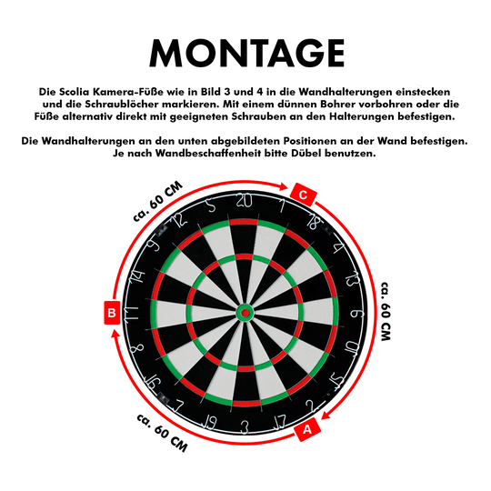Das Bild zeigt den "Scolia Abstandshalter zur Wandmontage für Scolia Home 1". In der Mitte ist eine Dartscheibe abgebildet, umgeben von einem rot markierten Abstandshalter mit den Maßen von ca. 60 cm.