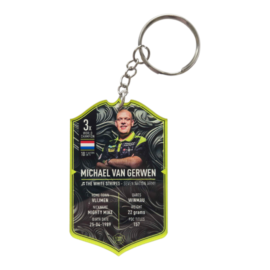 Porte-clés carte de fléchettes ultime - Michael Van Gerwen Ultimate Darts Card Schlüsselanhänger - Michael Van Gerwen ist zu sehen. Der Schlüsselanhänger zeigt ein Motiv des berühmten Dartspielers Michael Van Gerwen.