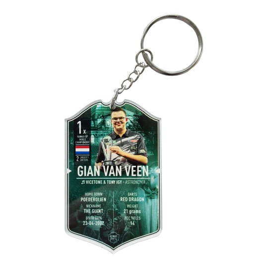 Porte-clés carte de fléchettes ultime - Gian Van Veen Ultimate Darts Card Schlüsselanhänger - Gian Van Veen ist abgebildet. Es handelt sich um einen Schlüsselanhänger mit dem Bild des Dartspielers Gian Van Veen.