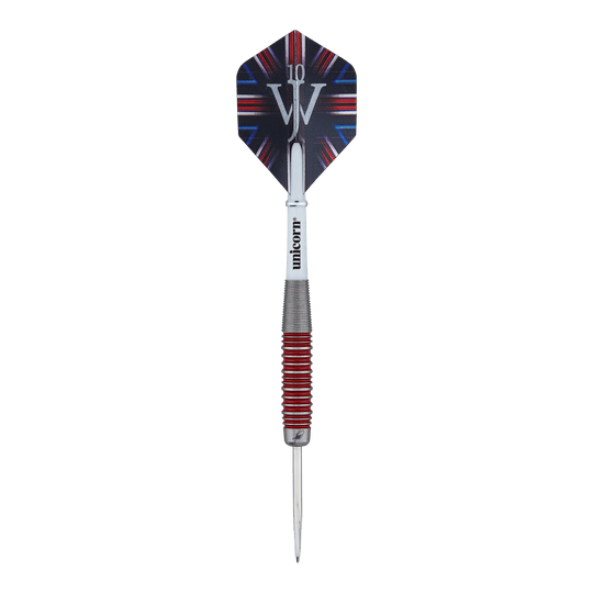 Fléchettes Unicorn The Machine James Wade 90% acier Auf dem Bild ist ein Steeldart der Marke Unicorn zu sehen, Modell "The Machine James Wade 90%". Der Dart hat ein silbernes Griffstück mit roten Ringen und eine Flight mit dem Logo "JW".