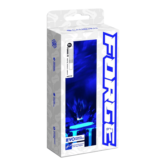 Fléchettes en acier Caliburn Forge F3 - 22 g Die Abbildung zeigt die Verpackung der „Caliburn Forge F3 Steeldarts - 22g“. Die Box ist überwiegend weiß mit blauen Akzenten und großem „FORGE“-Schriftzug an der Seite.