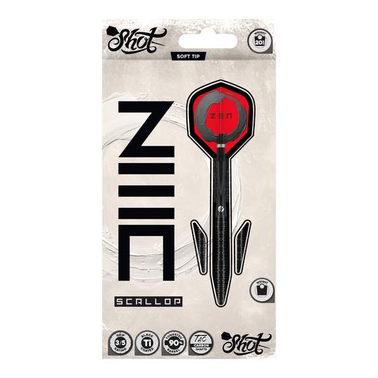 Fléchettes souples Shot ZEN Scallop - 20 g Das Bild zeigt die Shot ZEN Scallop Softdarts mit einem Gewicht von 20 Gramm. Die Darts sind für Softdart geeignet und haben ein modernes Design.