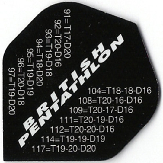 p36 Das Bild zeigt ein schwarzes Dart-Flight mit der Aufschrift "British Pentathlon". Auf dem Flight stehen verschiedene Checkout-Werte und Kombinationen für das Darts-Spiel.